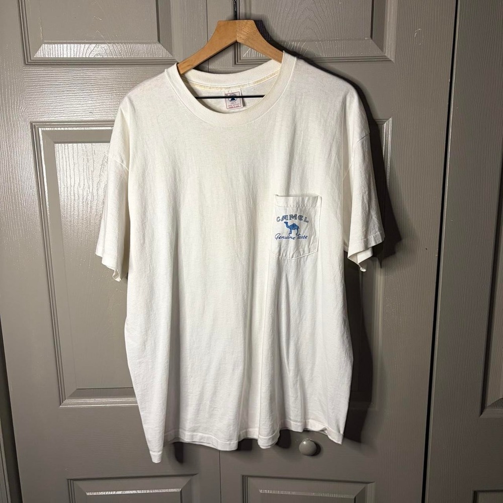 Vintage 1994 Camel Genuine Taste Single Stitch Pocket Tee Shirt Mens XL White